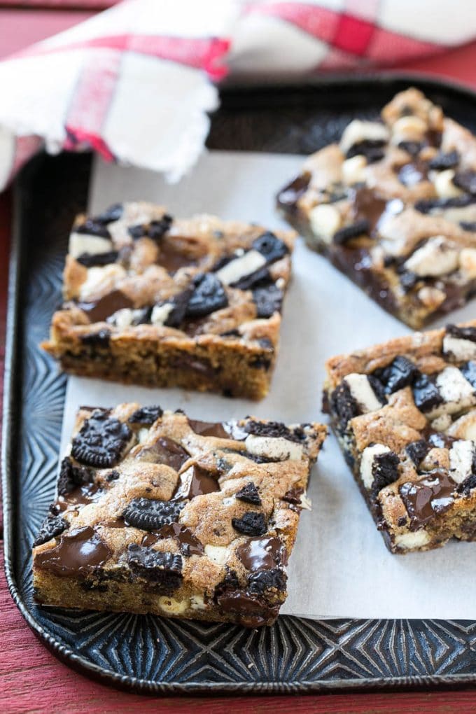 Cookies and Cream Bars Recipe | Oreo Bars | Blondie Recipe #chocolate #oreo #blondies #baking #cookies #fuyos Cookies on a sheet pan.
