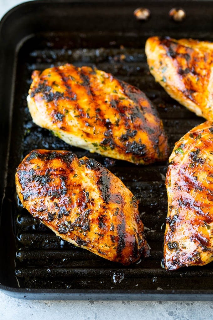 Grilled Chicken Breast Recipe | Marinated Chicken Breast | Chicken Marinade #chicken #grilling #marinade #summer #dinner #fuyos Chicken breasts cooked on a grill pan.
