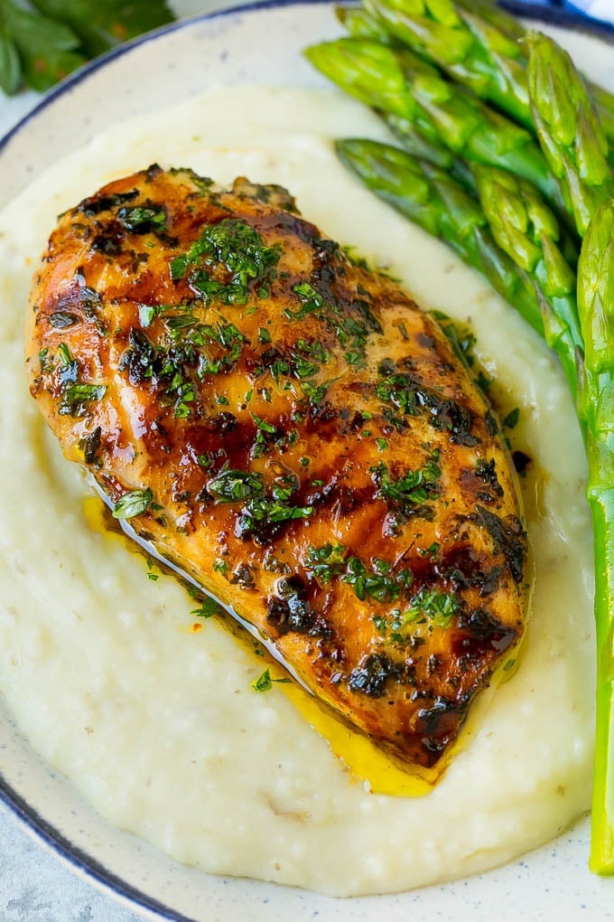 Grilled Chicken Breast Recipe | Marinated Chicken Breast | Chicken Marinade #chicken #grilling #marinade #summer #dinner #fuyos Grilled chicken breast served with mashed potatoes and asparagus.