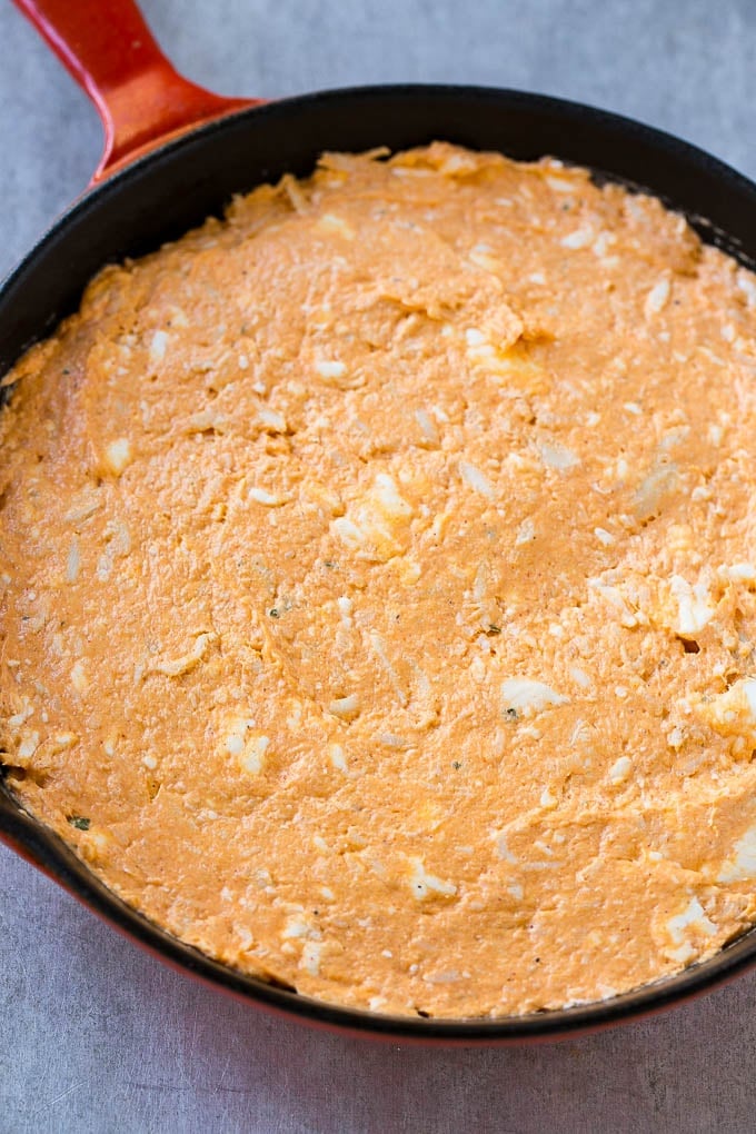 Buffalo Ranch Chicken Dip | Buffalo Chicken Dip | Baked Buffalo Dip | Cheesy Buffalo Dip #buffalowings #buffalochicken #dip #lowcarb #appetizer #fuyos The base layer of cream cheese, meat, ranch and hot sauce.