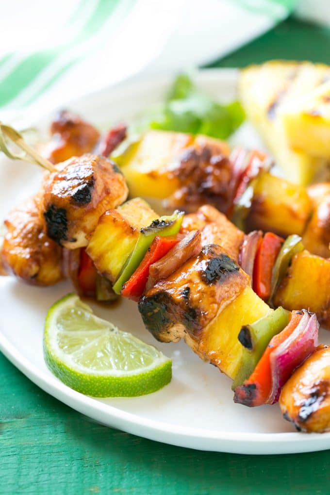 Hawaiian chicken kabobs with pineapple, peppers and onions.