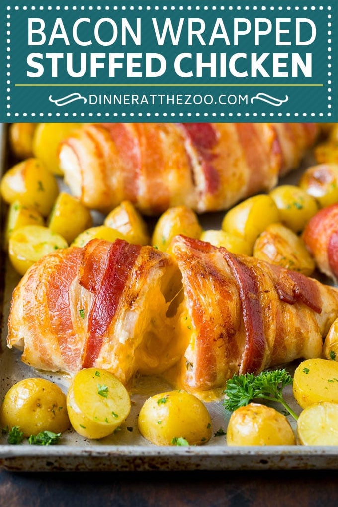Bacon Wrapped Stuffed Chicken Breast Recipe | Sheet Pan Chicken #chicken #dinner #onepan #bacon #potatoes #fuyos