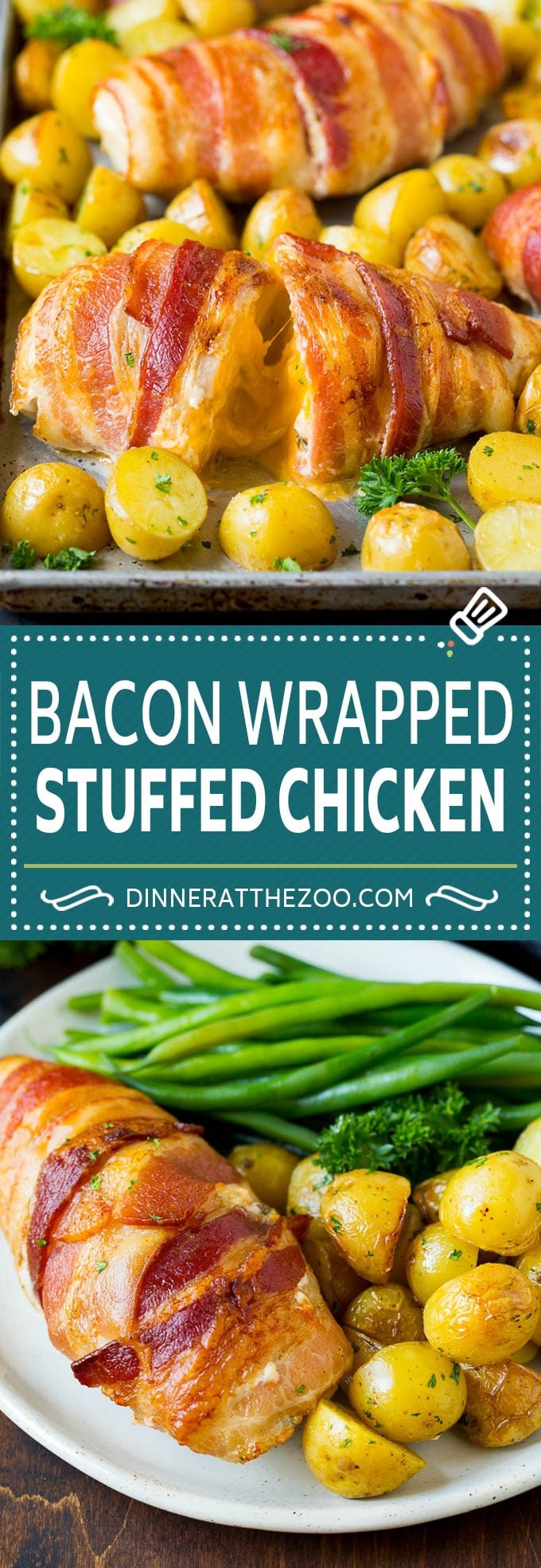 Bacon Wrapped Stuffed Chicken Breast Recipe | Sheet Pan Chicken #chicken #dinner #onepan #bacon #potatoes #fuyos