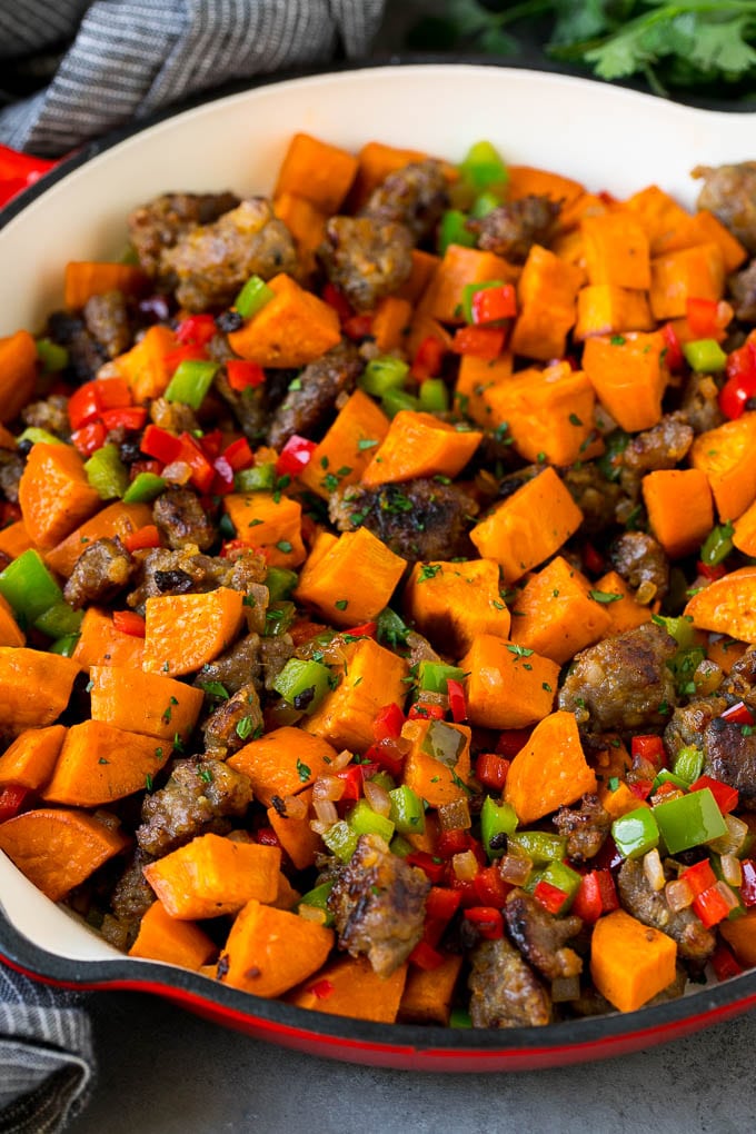Sweet Potato Hash #sweetpotato #sausage #breakfast #brunch #fuyos Hash with sweet potatoes, sausage and vegetables.