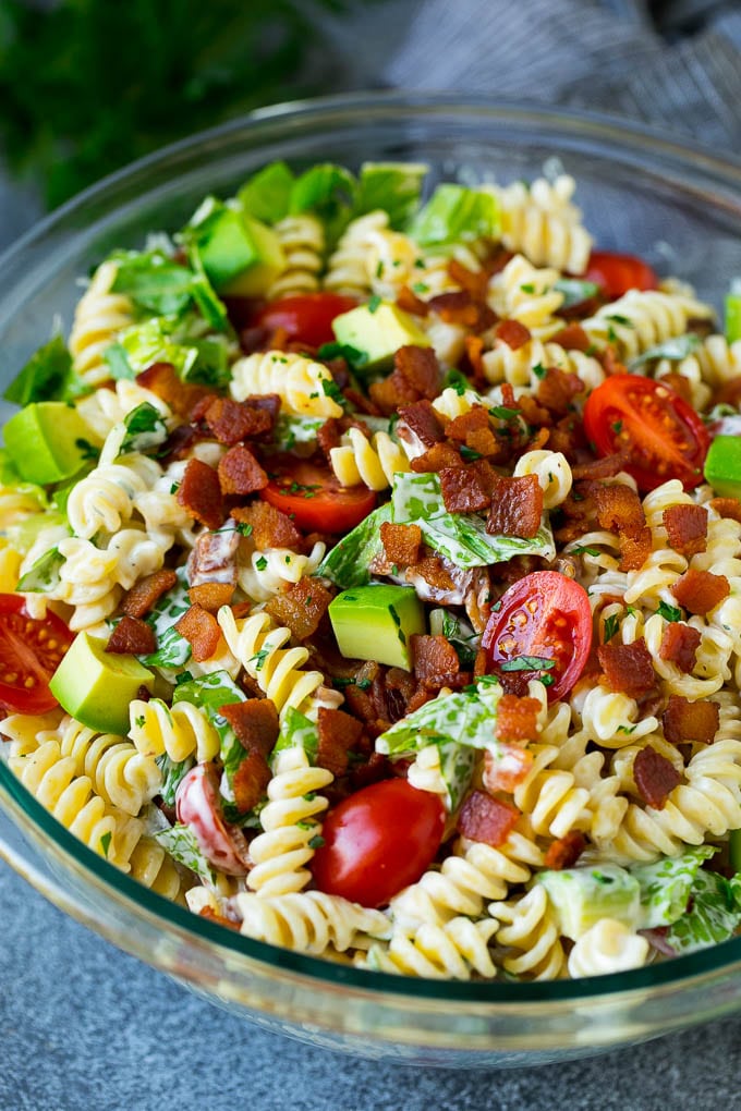 BLT Pasta Salad Recipe | Easy Pasta Salad | Bacon Pasta Salad #salad #pasta #blt #bacon #avocado #dinner #fuyos BLT pasta salad in a creamy ranch dressing.