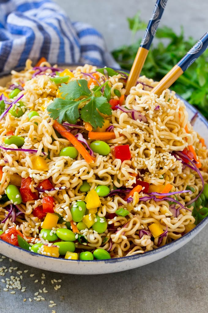Asian Noodle Salad Recipe | Ramen Noodle Salad | Asian Salad #salad #noodles #edamame #vegetarian #fuyos #lunch Asian noodle salad with ramen noodles, edamame, bell peppers and carrots in a sesame dressing.