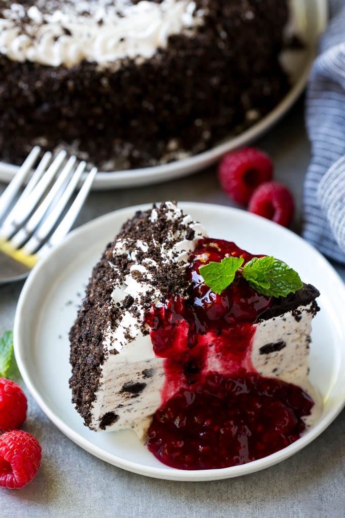 Raspberry Sauce Recipe | Homemade Raspberry Sauce | Raspberry Recipe #raspberries #dessert #fuyos Homemade raspberry sauce served over ice cream cake.