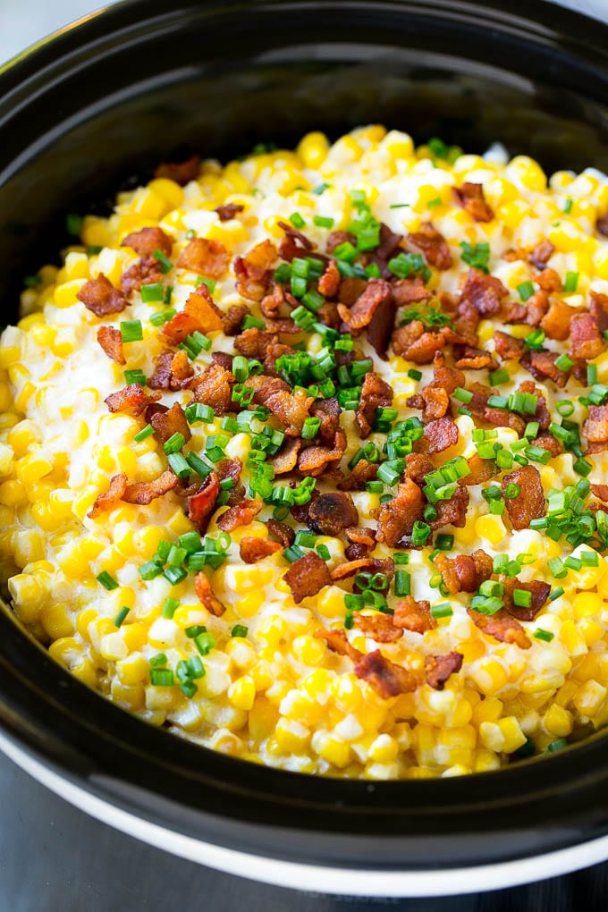 Slow Cooker Creamed Corn Recipe | Easy Creamed Corn Recipe | Slow Cooker Creamed Corn with Bacon | Southern Creamed Corn | Creamed Corn with Cream Cheese #creamedcorn #corn #bacon #crockpot #slowcooker #dinner #fuyos Slow cooker creamed corn with Bacon and sliced chives.