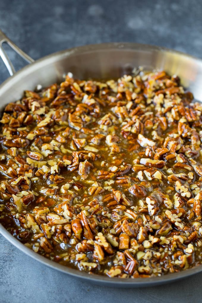 Pecan Pie Bars Recipe #pecans #pie #fall #pecanpie #dessert #thanksgiving #fuyos Pecan pie filling in a pan.