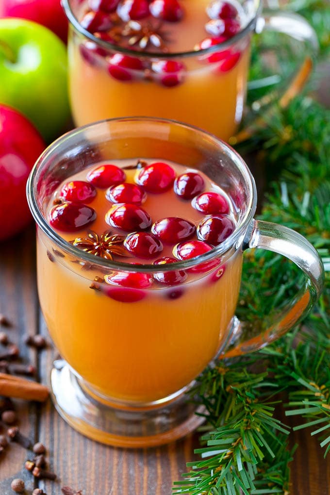 Slow Cooker Apple Cider | Mulled Apple Cider | Crockpot Apple Cider #cider #apple #applecider #drink #crockpot #slowcooker #fuyos Mugs of slow cooker apple cider garnished with cranberries.