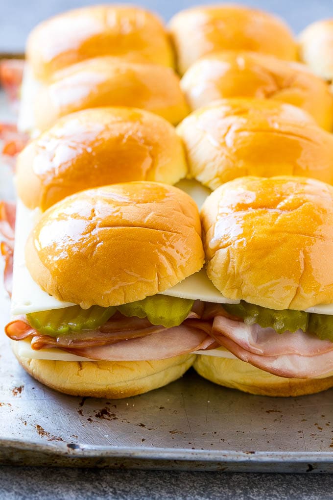 Cuban Sliders Recipe | Cuban Sandwich Recipe | Slider Sandwiches | Ham and Cheese Sliders #sliders #sandwiches #ham #cheese #appetizer #fuyos Assembled slider sandwiches ready to go into the oven.