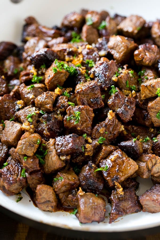 Steak Bites in Garlic Butter Recipe | Garlic Steak | Sirloin Steak Recipe | Steak Appetizer #steak #lowcarb #keto #fuyos #dinner Bites of sirloin steak in a garlic sauce.