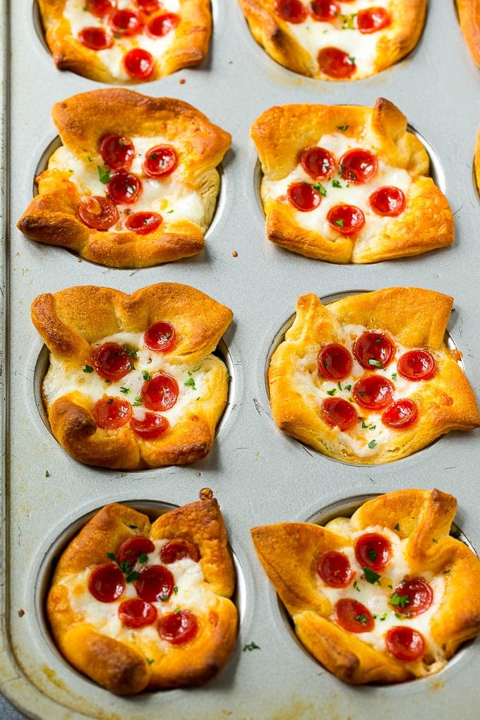Pizza Muffins Recipe | Pizza Bites | Pizza Cups | Pizza Appetizer #pizza #appetizer #fuyos Savory pizza muffins in a muffin tin.
