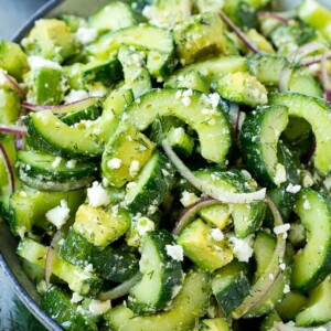 Cucumber feta salad with avocado, dill and red onions, all tossed in a Greek style dressing.