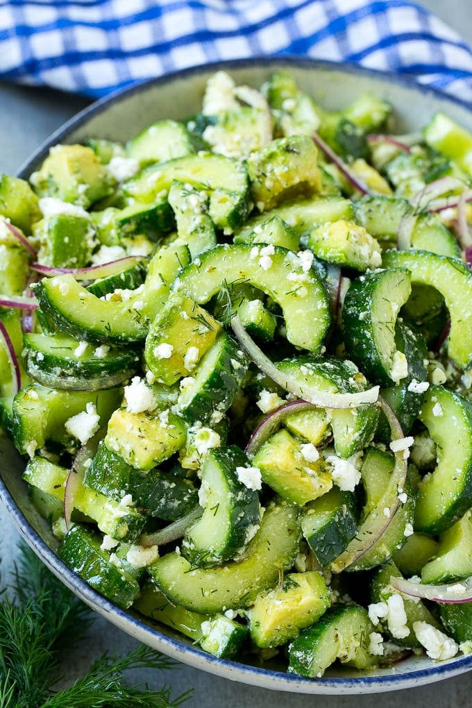Cucumber Feta Salad Recipe | Cucumber Salad | Feta Cheese Salad | Summer Salad #salad #cucumber #fuyos Cucumber feta salad with avocado, dill and red onions, all tossed in a Greek style dressing.