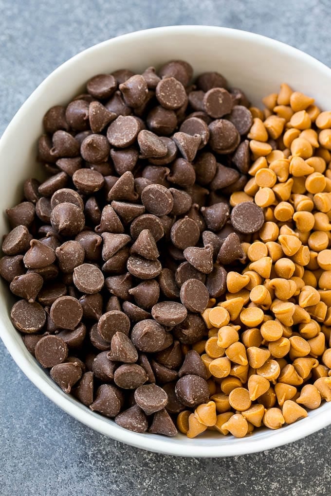 Haystack Cookies Recipe | No Bake Cookies | Chow Mein Noodle Cookies #nobakecookies #cookies #recipe #chocolate #fuyos A mixing bowl of milk chocolate and butterscotch chips.