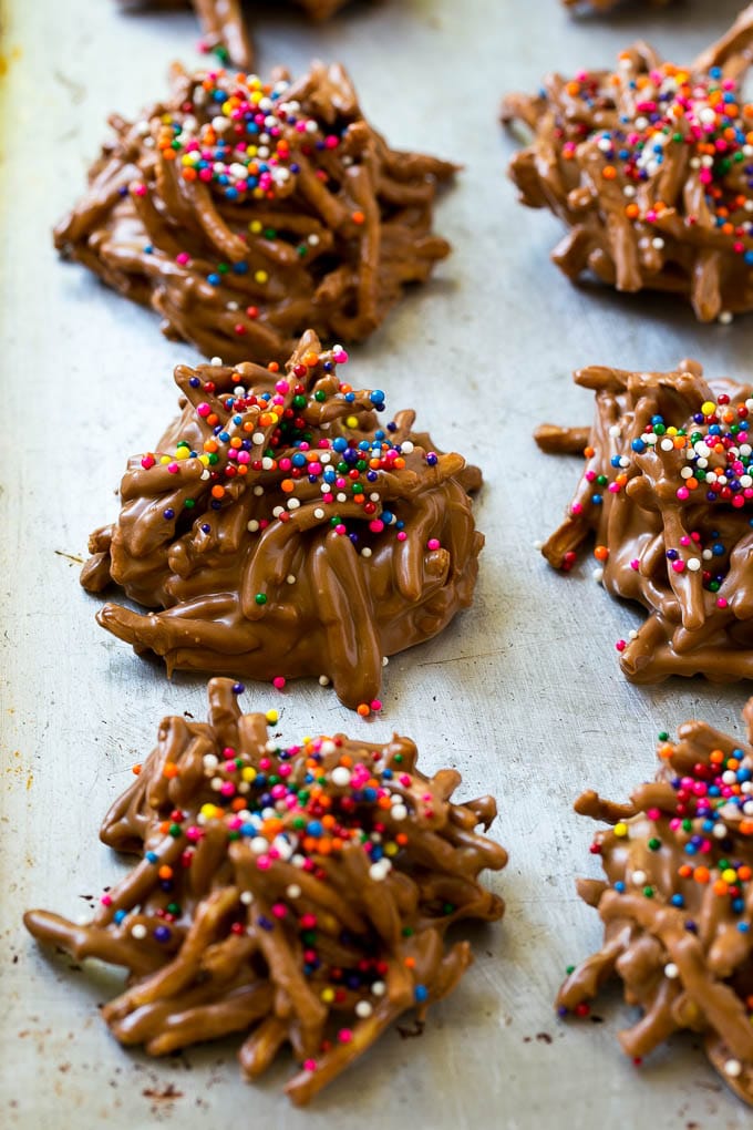 Haystack Cookies Recipe | No Bake Cookies | Chow Mein Noodle Cookies #nobakecookies #cookies #recipe #chocolate #fuyos Haystack cookies made with chow mein noodles on a baking sheet.