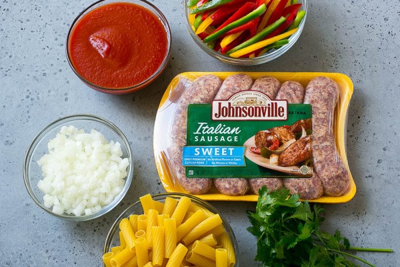 Sausage and Pepper Pasta Recipe | Italian Sausage Recipe | Sausage and Peppers | Easy Pasta #pasta #sausage #peppers #dinner #fuyos Ingredients like pork, tomato sauce onion and rigatoni.