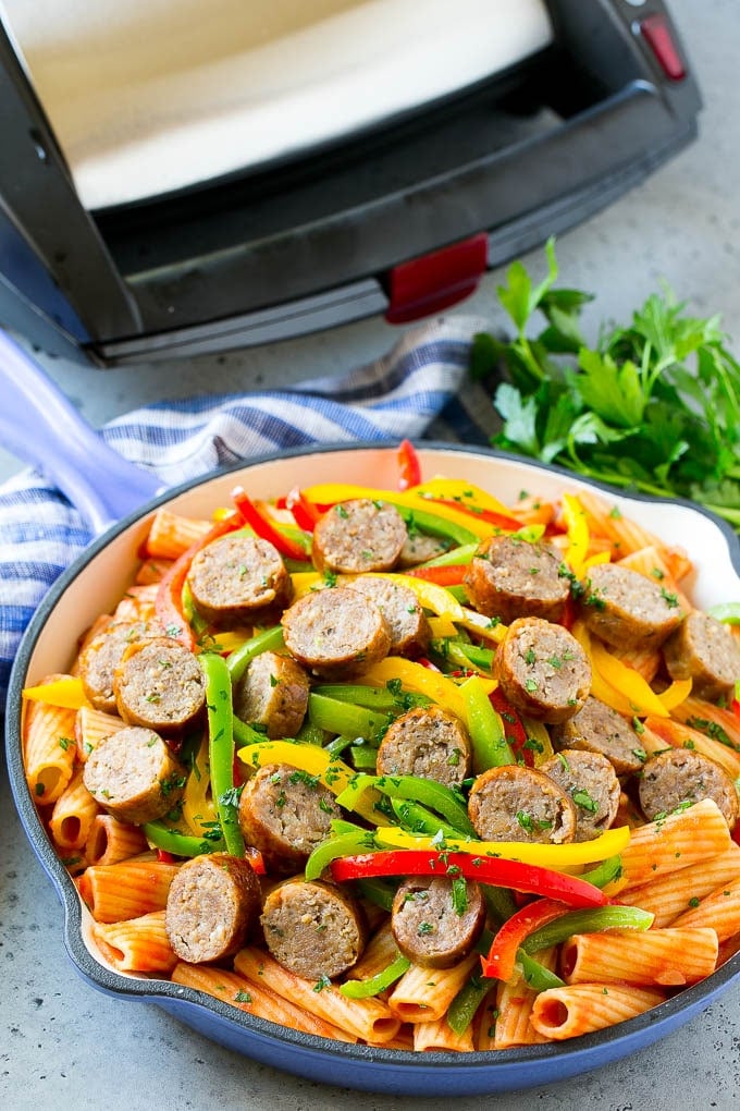 Sausage and Pepper Pasta Recipe | Italian Sausage Recipe | Sausage and Peppers | Easy Pasta #pasta #sausage #peppers #dinner #fuyos Finished pasta in a skillet.