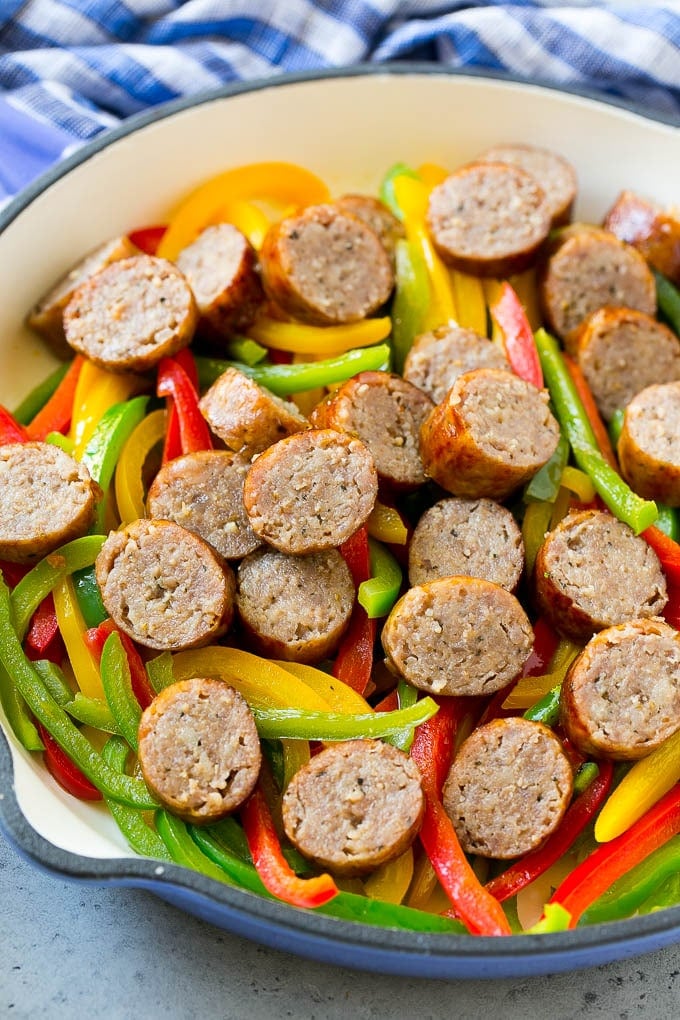 Sausage and Pepper Pasta Recipe | Italian Sausage Recipe | Sausage and Peppers | Easy Pasta #pasta #sausage #peppers #dinner #fuyos Sausage and peppers in a skillet.