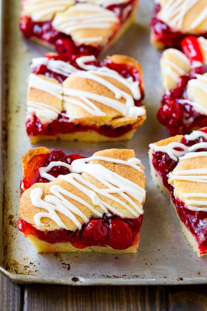 Cherry Bars Recipe | Cherry Pie Bars | Cherry Cookies | Bar Cookies #cookies #bars #cherry #baking #dessert #sweets #fuyos Cherry bars made with almond cookie dough on a sheet pan.