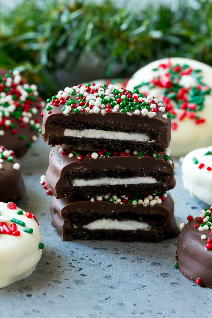 A stack of chocolate covered Oreos.