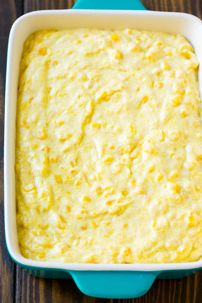 Corn Pudding Recipe | Corn Casserole | Corn Side Dish #corn #pudding #casserole #sidedish #thanksgiving #dinner #fuyos Batter spread into a baking dish.