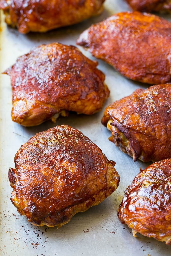 Smoked Chicken Thighs Recipe | Barbecue Chicken Thighs | Easy Chicken Thighs #chicken #barbecue #smoker #dinner #fuyos Cooked poultry on a sheet pan.