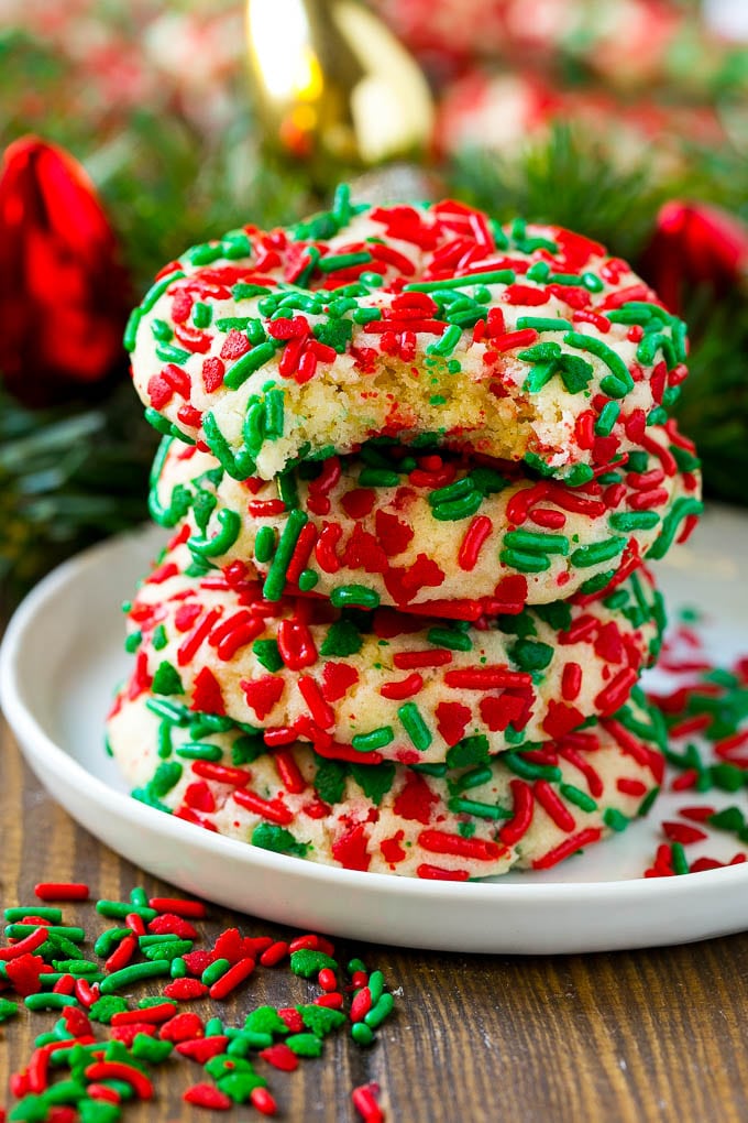 A stack of cake mix cookies made with white cake mix and festive sprinkles.
