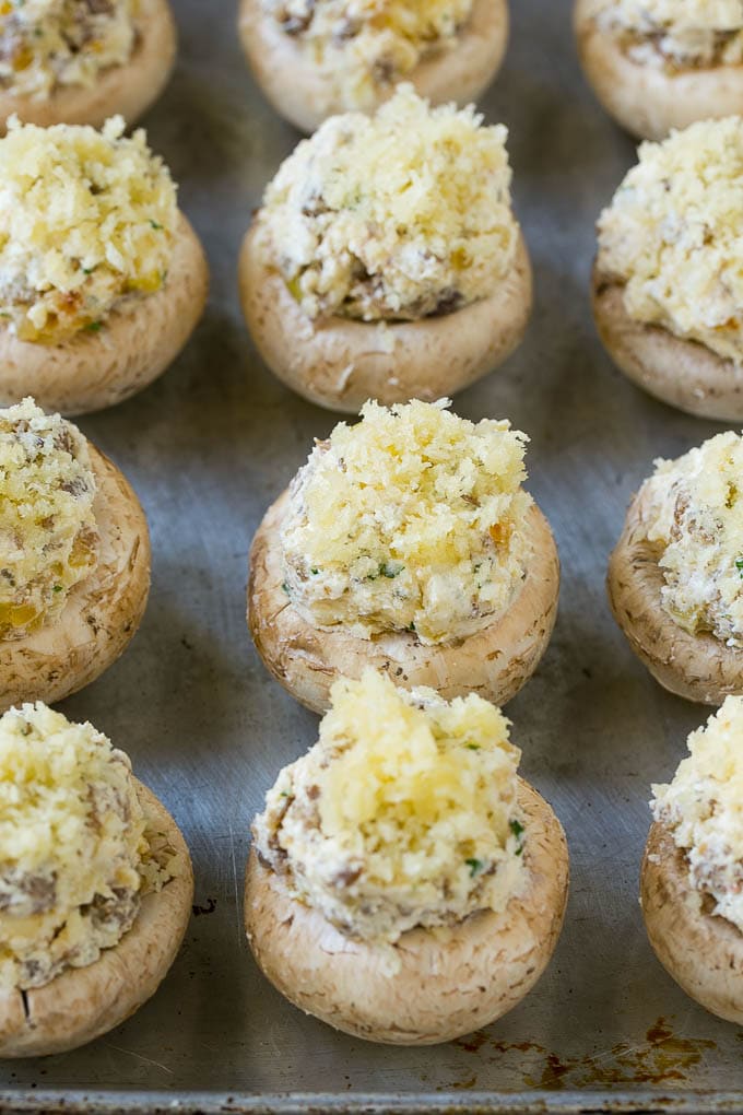 Sausage Stuffed Mushrooms Recipe | Stuffed Mushrooms | Mushroom Appetizer #mushrooms #sausage #appetizer #lowcarb #keto #fuyos Raw sausage stuffed mushrooms ready to go into the oven.