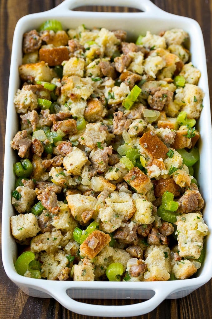 Sausage Stuffing Recipe | Thanksgiving Stuffing | Make Ahead Stuffing #stuffing #thanksgiving #sausage #sidedish #dinner #fuyos The ingredients for stuffing assembled in a pan and ready to go into the oven.