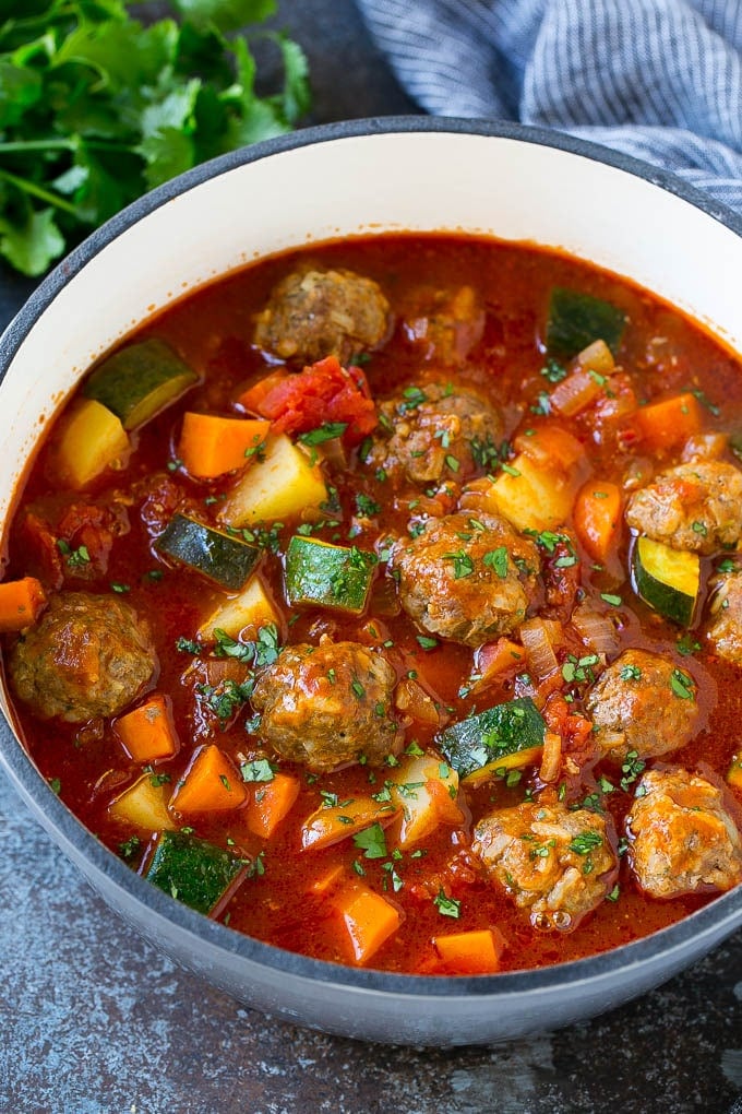 Albondigas soup made with beef meatballs, vegetables and potatoes.