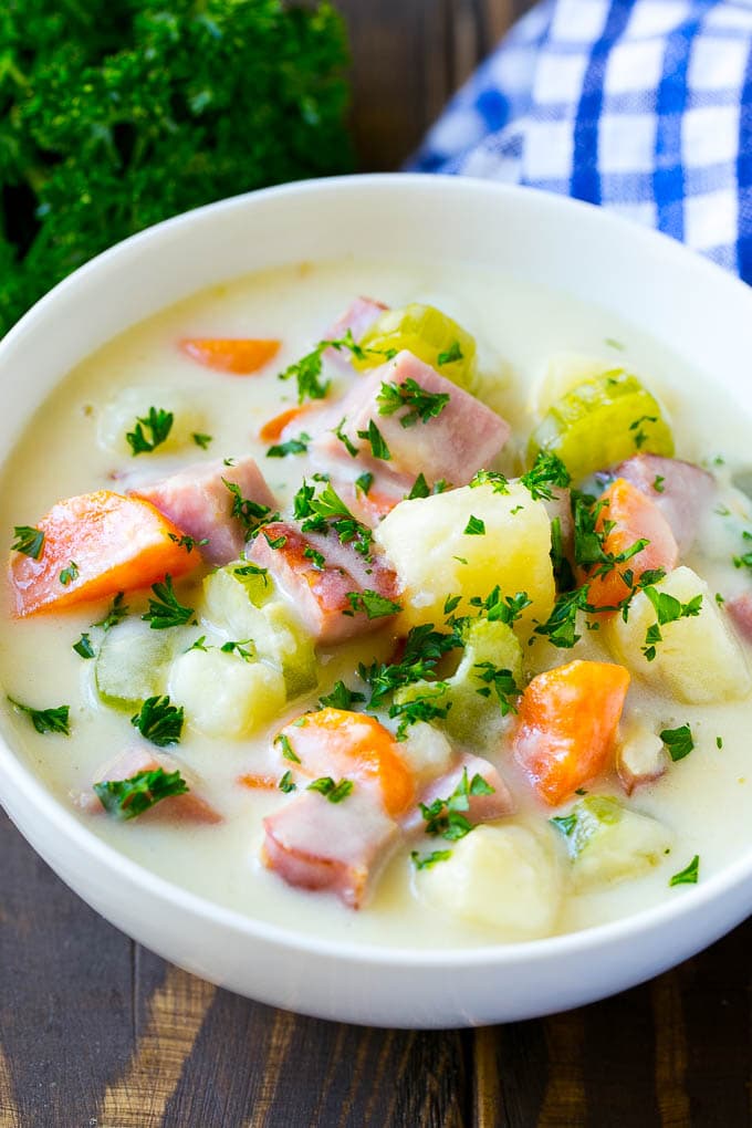 Ham and Potato Soup | Ham Soup | Potato Soup #soup #ham #potato #dinner #comfortfood #fuyos A bowl of ham and potato soup loaded with veggies in a creamy broth.
