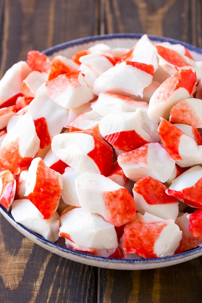 Crab Salad Recipe | Seafood Salad | Deli Salad #crab #salad #seafood #lowcarb #keto #lunch #dinner #fuyos Imitation crab flakes in a bowl.