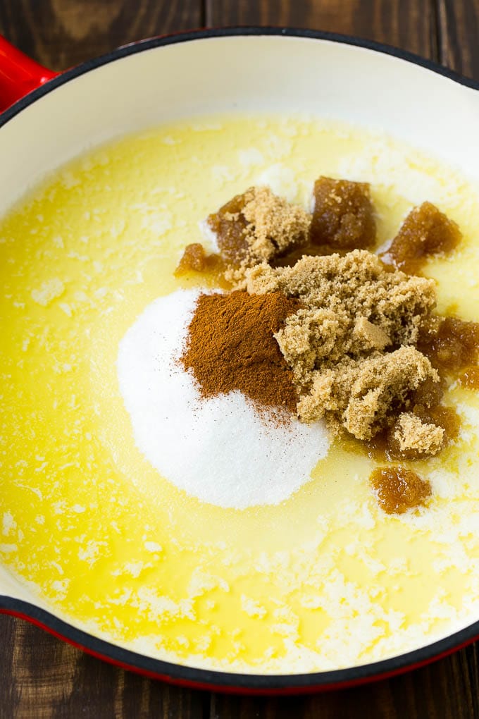Fried Apples Recipe | Sauteed Apples | Cinnamon Sugar Apples #apples #cinnamon #sugar #sidedish #dessert #fuyos #fall Butter, brown sugar, granulated sugar and cinnamon in a pan.