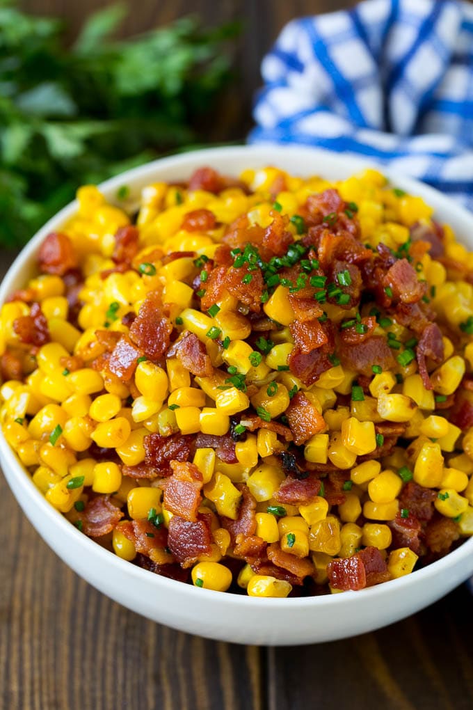 Bacon Fried Corn Recipe | Sauteed Corn | Corn Side Dish #corn #bacon #sidedish #glutenfree #dinner #fuyos A serving bowl of Southern fried corn with bacon.