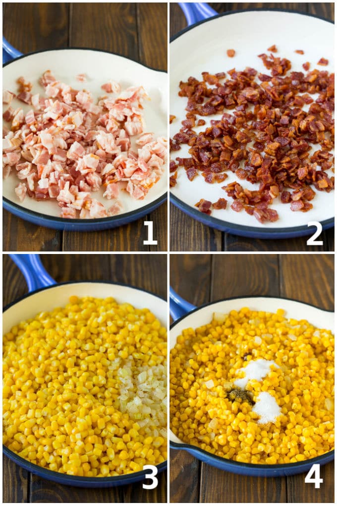 Bacon Fried Corn Recipe | Sauteed Corn | Corn Side Dish #corn #bacon #sidedish #glutenfree #dinner #fuyos Step by step process shots of corn and bacon being cooked.