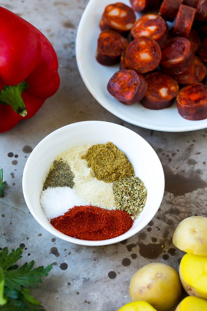 Spanish Chicken Recipe | Sheet Pan Meal | Chicken and Potatoes #spanishfood #chicken #sausage #potatoes #dinner #fuyos A blend of spices to make a savory rub.