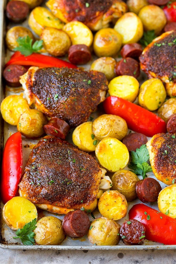 Spanish Chicken Recipe | Sheet Pan Meal | Chicken and Potatoes #spanishfood #chicken #sausage #potatoes #dinner #fuyos A sheet pan of Spanish chicken with potatoes, bell peppers and sausage.