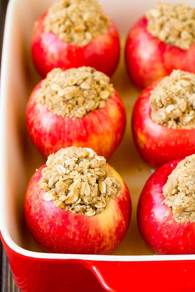 Baked Apples | Stuffed Apples #apples #fall #dessert #sweettooth #fuyos Oatmeal and brown sugar stuffed into hollowed out fruit.