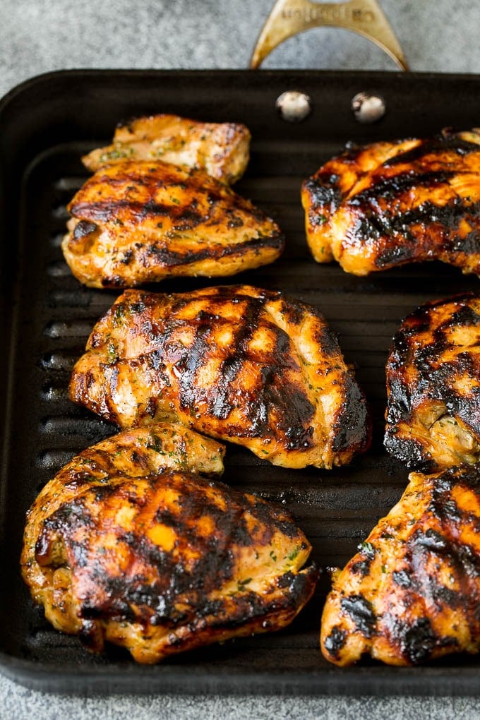 Grilled Chicken Thighs Recipe | Marinated Chicken Thighs #chicken #grilling #marinade #dinner #cilantro #lime #fuyos Poultry cooked on a grill pan.