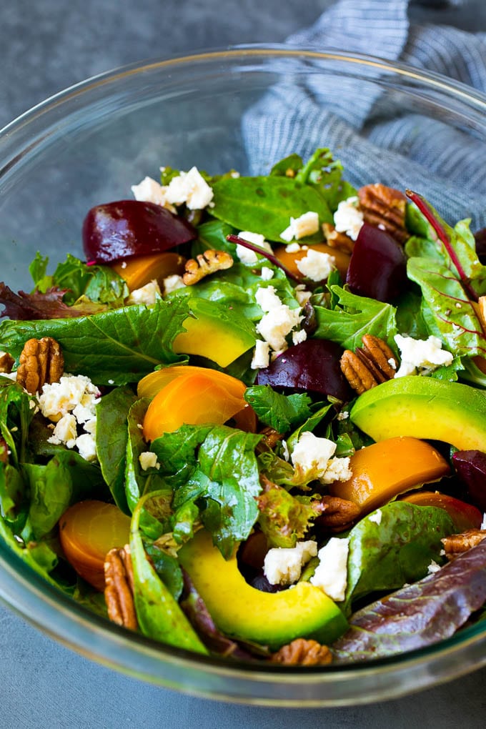 Beet Salad Recipe #beets #avocado #feta #salad #dinner #fuyos Beet salad with mixed greens, feta cheese and avocado.