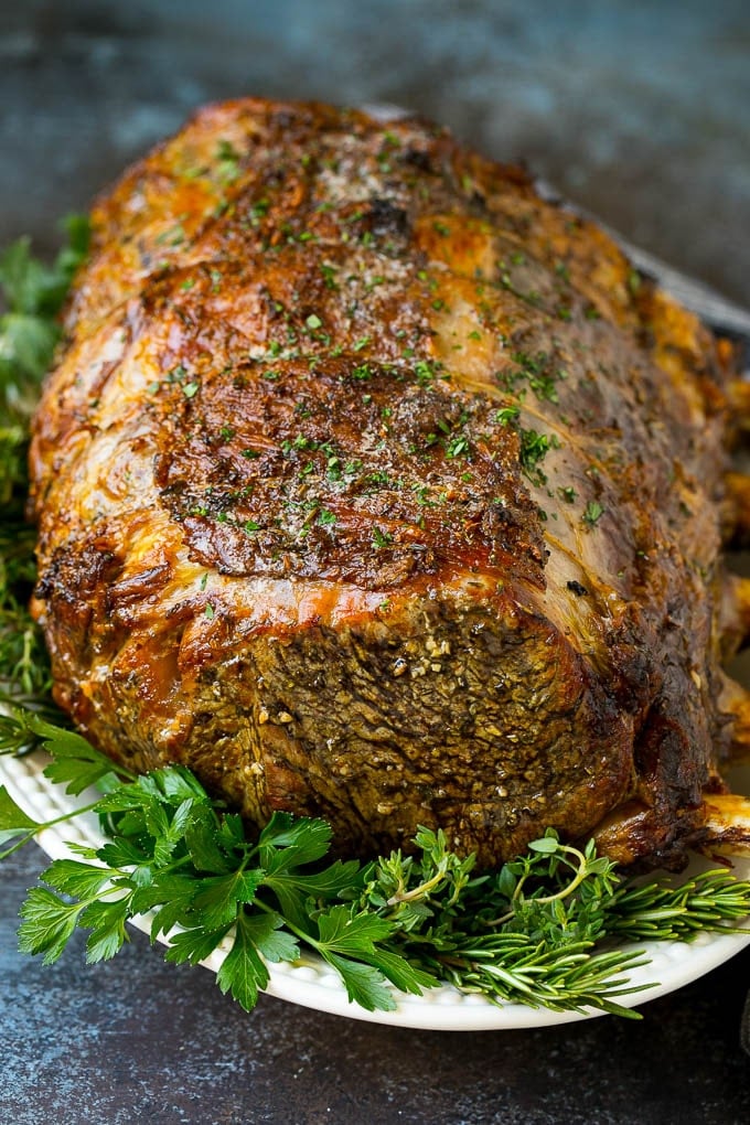 Prime Rib Recipe #primerib #beef #roast #dinner #thanksgiving #christmas #keto #lowcarb #fuyos A slow roasted prime rib on a serving platter.
