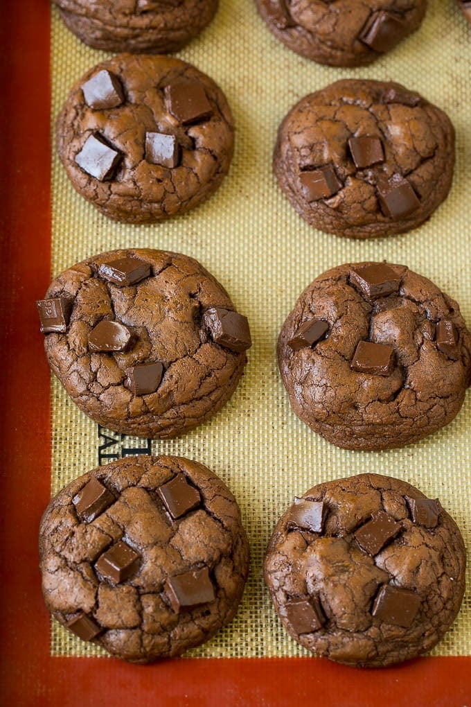 Brownie Cookies Recipe | Chocolate Cookies #cookies #brownies #chocolate #dessert #baking #fuyos Baked chocolate cookies on a sheet pan.