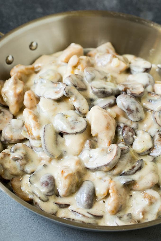 Meat and mushrooms in a creamy sauce.