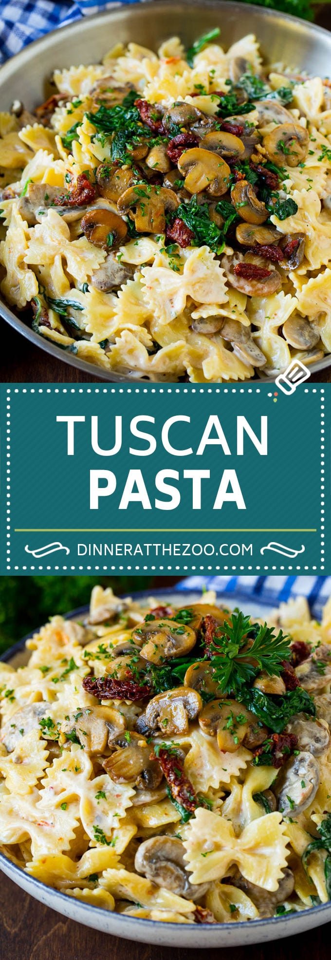 Tuscan Farfalle Pasta Recipe #pasta #cheese #spinach #mushrooms #dinner #fuyos