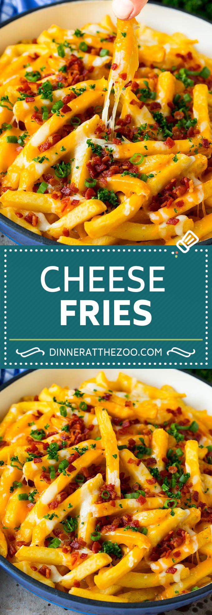 These cheese fries are crispy potatoes topped with plenty of melted cheese, bacon and herbs. #fries #fuyos