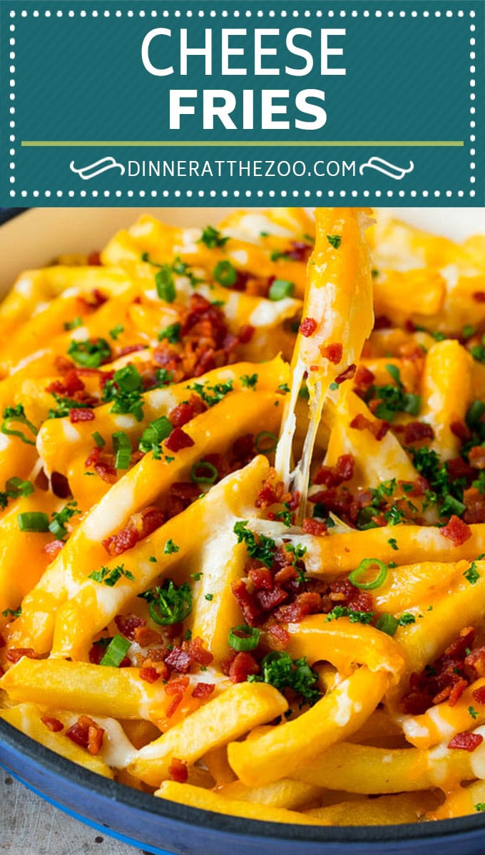 These cheese fries are crispy potatoes topped with plenty of melted cheese, bacon and herbs. #fries #fuyos