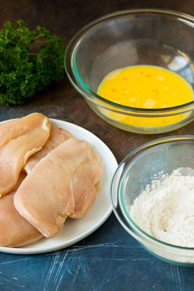 Chicken Francese Recipe #chicken #lemon #dinner #fuyos Chicken breasts, seasoned flour and egg batter.