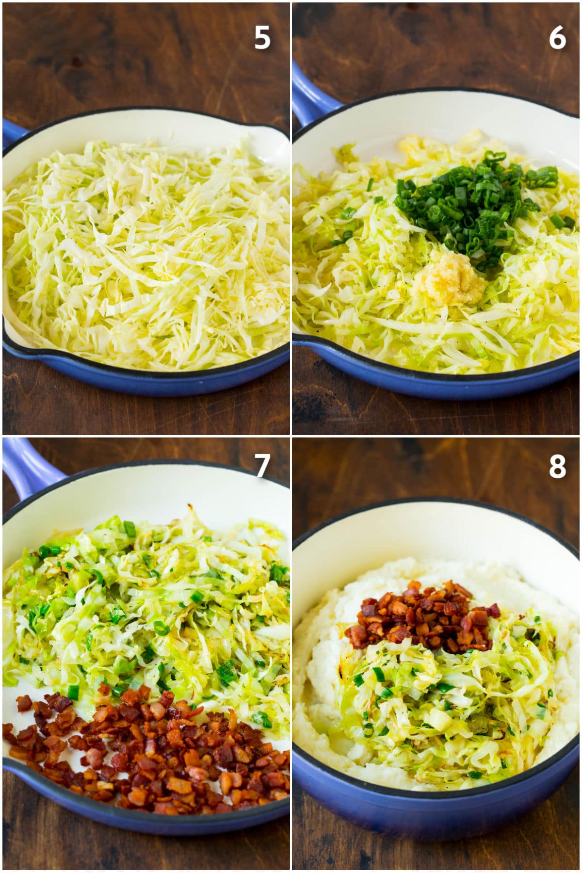 Process shots of cabbage being cooked and added to potatoes with bacon.